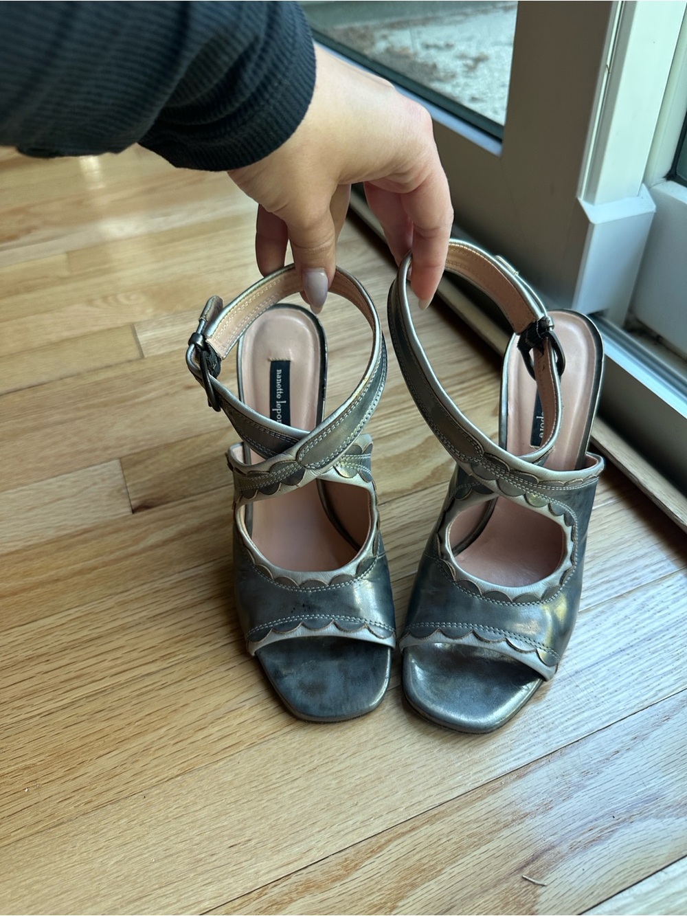 Nanette Lepore Metallic Gray Open-Toe Heeled Sandals